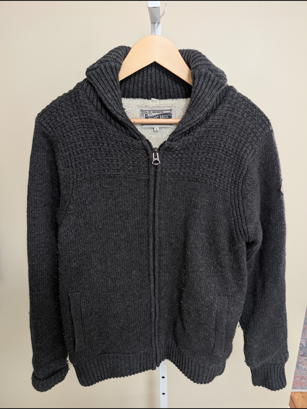 Schott Bros Sherpa Lined Full Zip Knit Sweater Charcoal Gray Men’s S